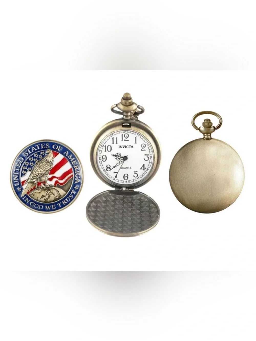 🇱🇷 INVICTA POCKET WATCH COLLECTION: Gold-Tone USA Eagle with American Flag NWT